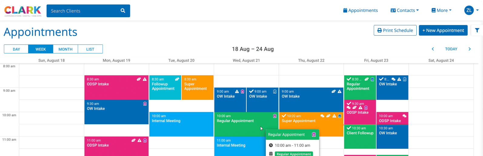 Clark Integrated Team Scheduler - Calendar Week View